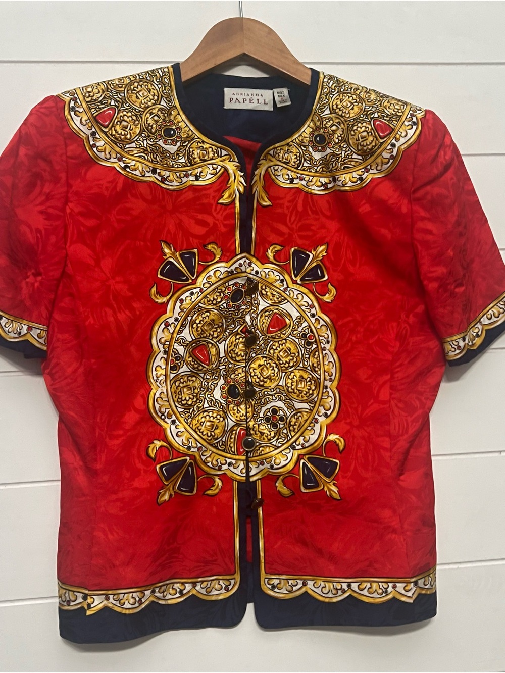 Vintage Adrianna Papell Silk Jacket 6 Baroque Scarf Print Red Gold 80s 90s